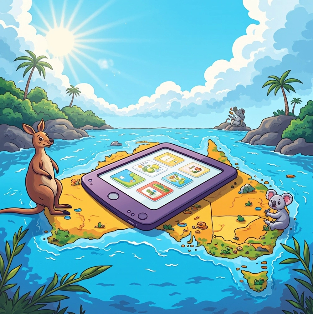 Tablet on map of Australia with kangaroo and koala